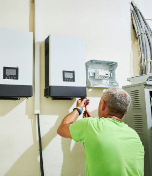 Man electrician wiring inverter and electric box indoors while installing solar panel system.